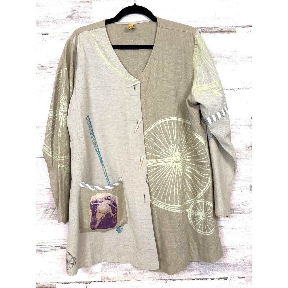 Staley Gretzinger Womens S Green Multi Oversized Linen Blend Button Up Blouse